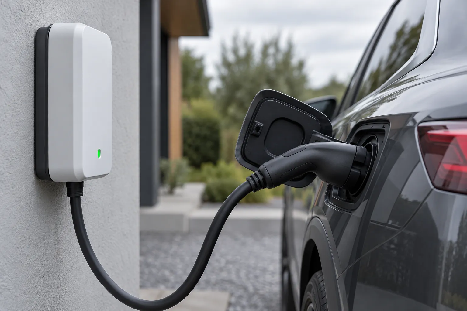 Weiße Wallbox an einer Hauswand, das Ladekabel steckt mit CCS-Stecker im E-Auto (Symbolbild)