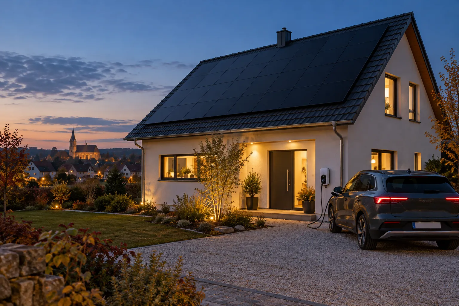 Einfamilienhaus mit Photovoltaik auf dem Dach am Abend, davor ein E-Auto an einer Wallbox (Symbolbild)