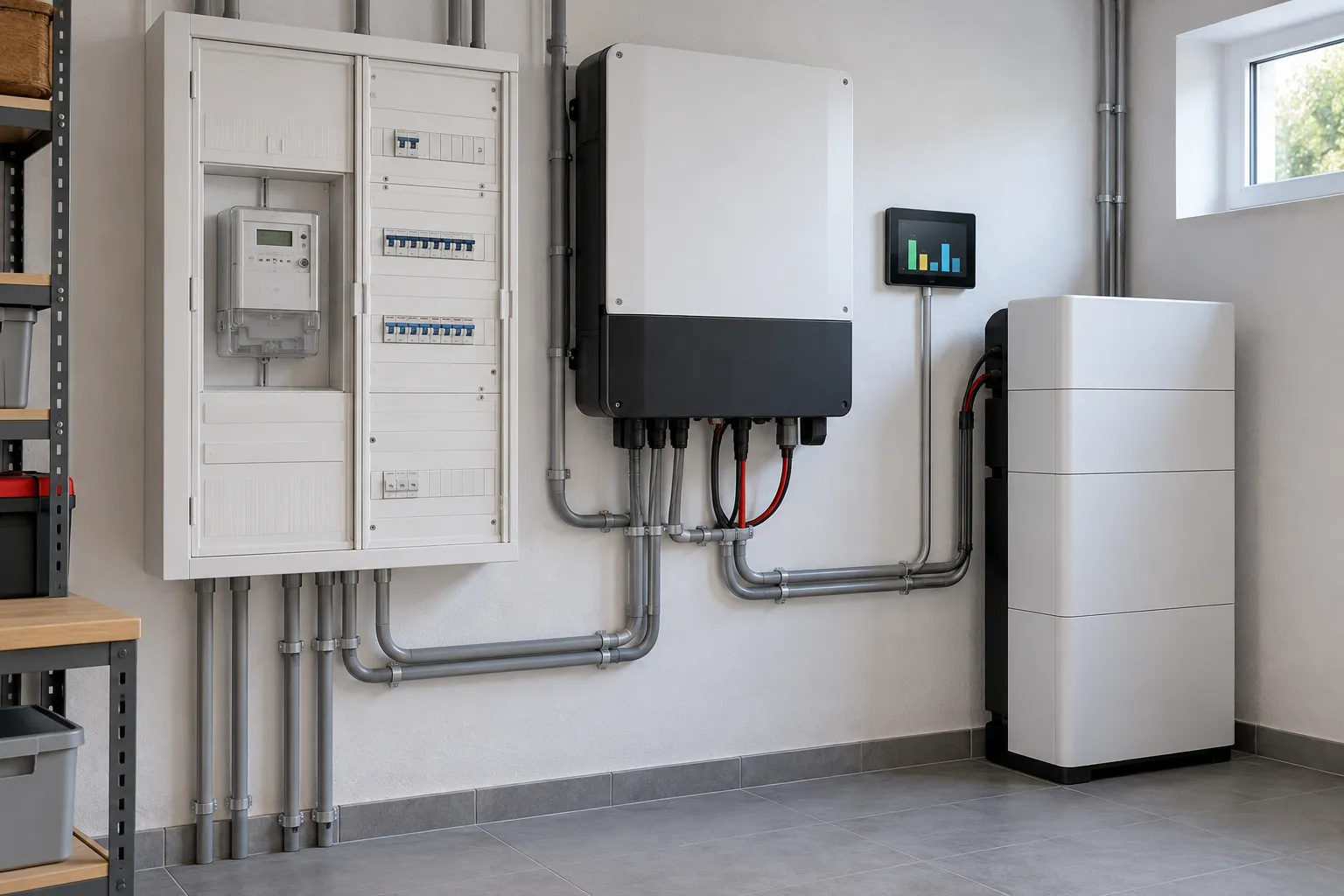Technikraum mit Zählerschrank, Wechselrichter, Heimspeicher und Display des Energiemanagements (Symbolbild)