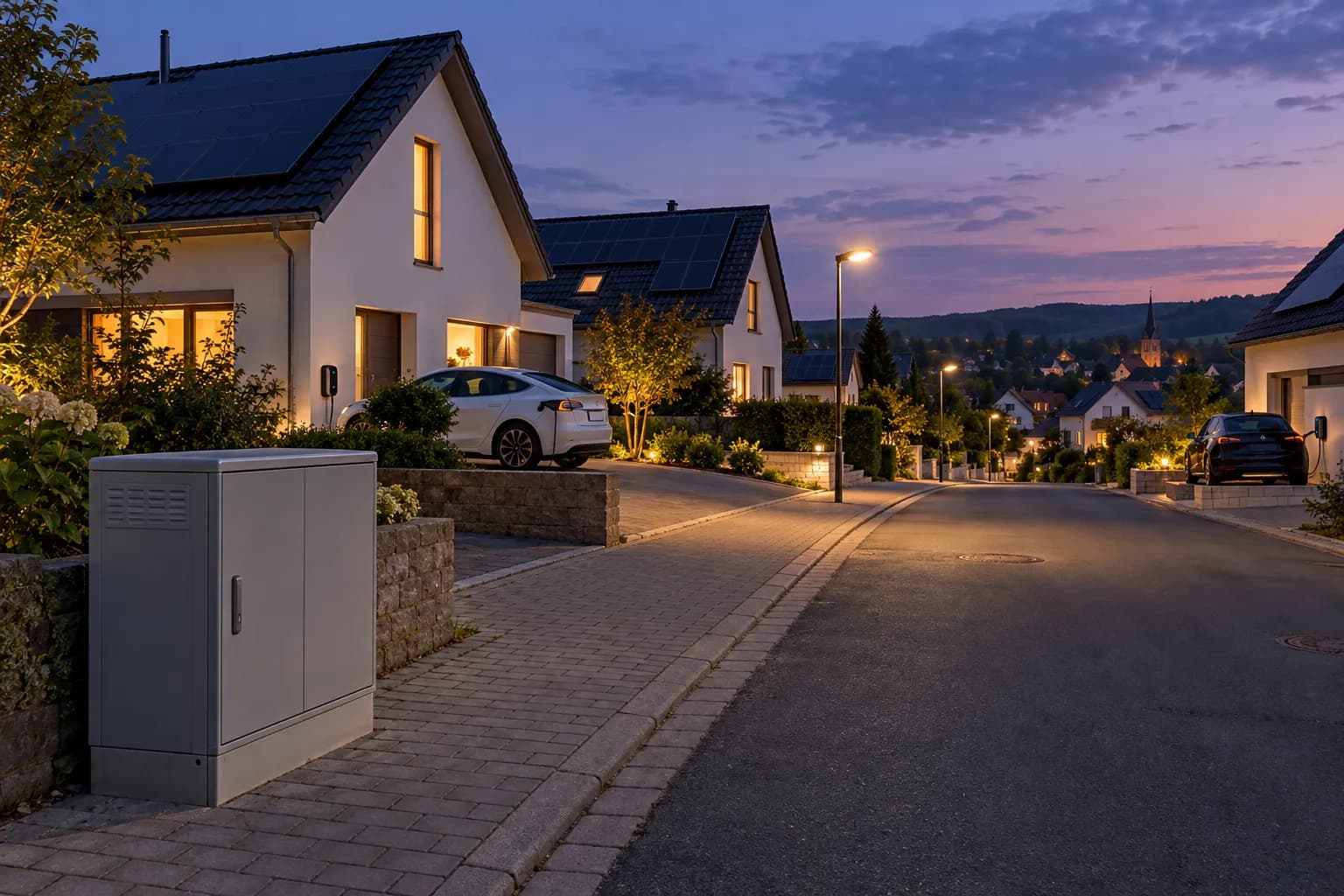 Wohnstraße in der Abenddämmerung mit Einfamilienhäusern, Solaranlagen und E-Autos an Wallboxen, vorn ein Kabelverteilerschrank (Symbolbild)