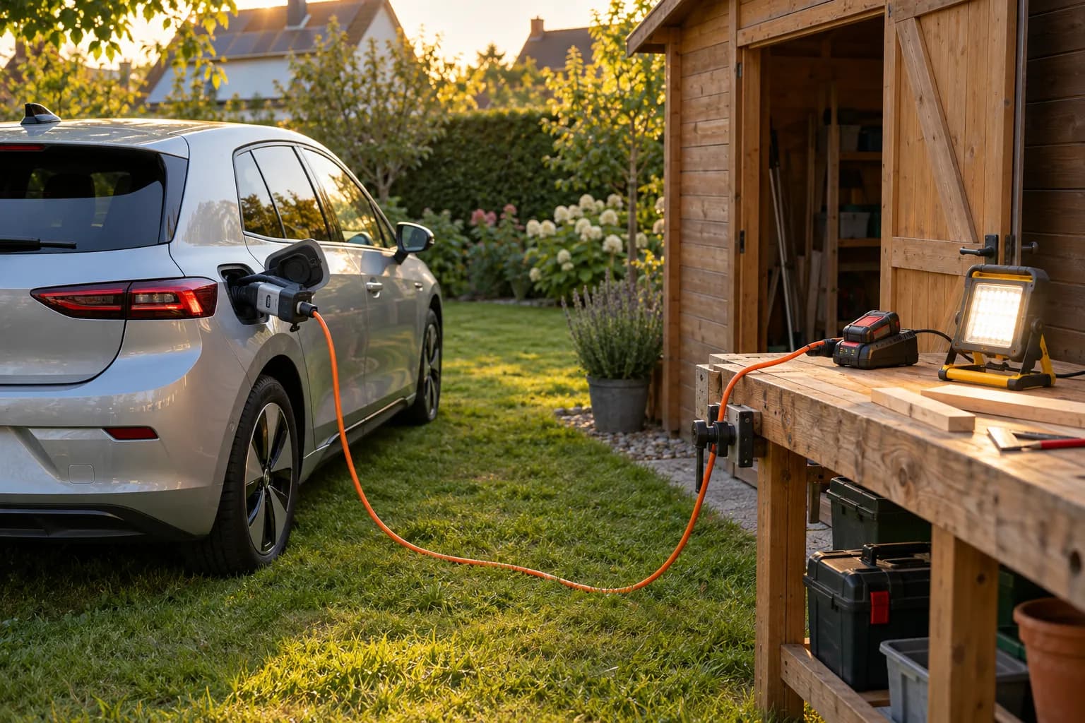 E-Auto im Garten, über einen Adapter am Ladeanschluss werden ein Akkuladegerät und eine Arbeitsleuchte versorgt (Symbolbild)