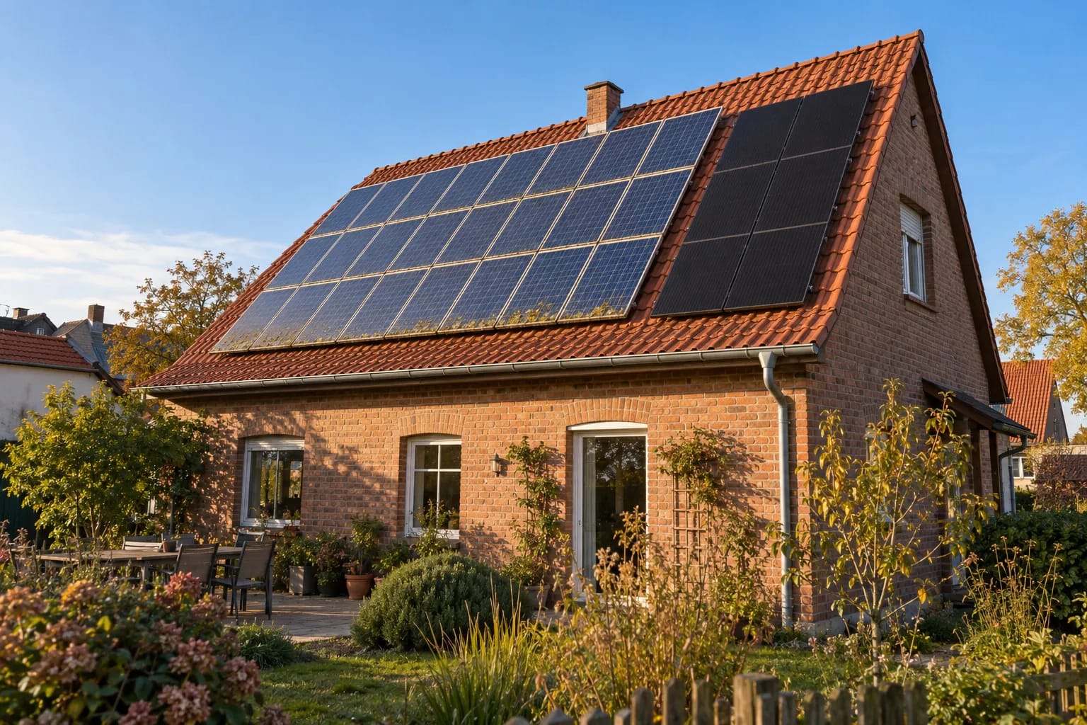 Älteres Ziegeldach mit blauen polykristallinen Solarmodulen aus den 2000er-Jahren und einem kleinen Feld neuer schwarzer Module daneben