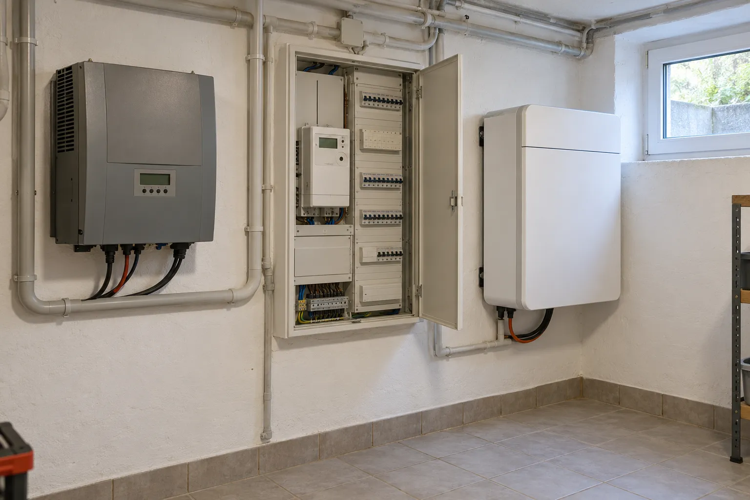 Technikraum mit älterem grauen Wechselrichter, geöffnetem Zählerschrank mit digitalem Zähler und weißem Batteriespeicher