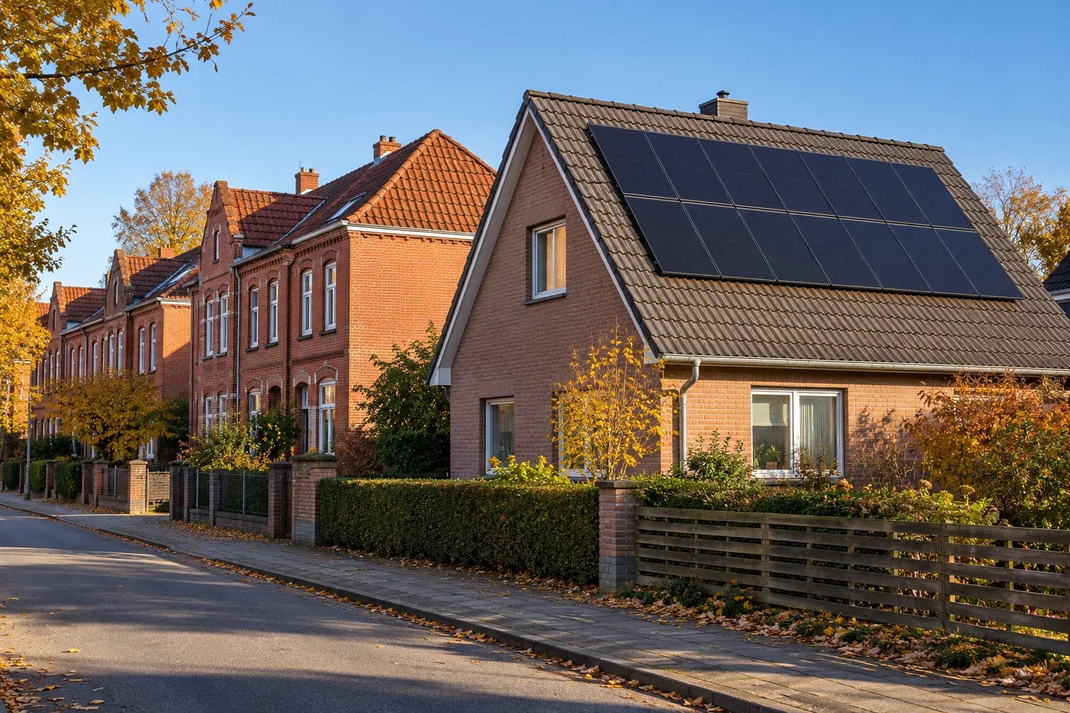 Straße mit roten Backsteinhäusern, im Vordergrund ein Einfamilienhaus mit schwarzen Solarmodulen auf dem Dach