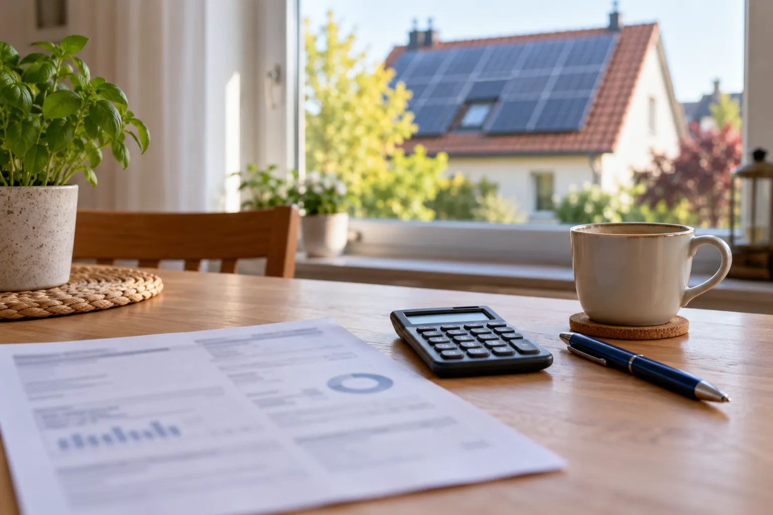 Stromrechnung, Taschenrechner und Kaffeetasse auf einem Küchentisch, im Hintergrund ein Nachbardach mit Solarmodulen