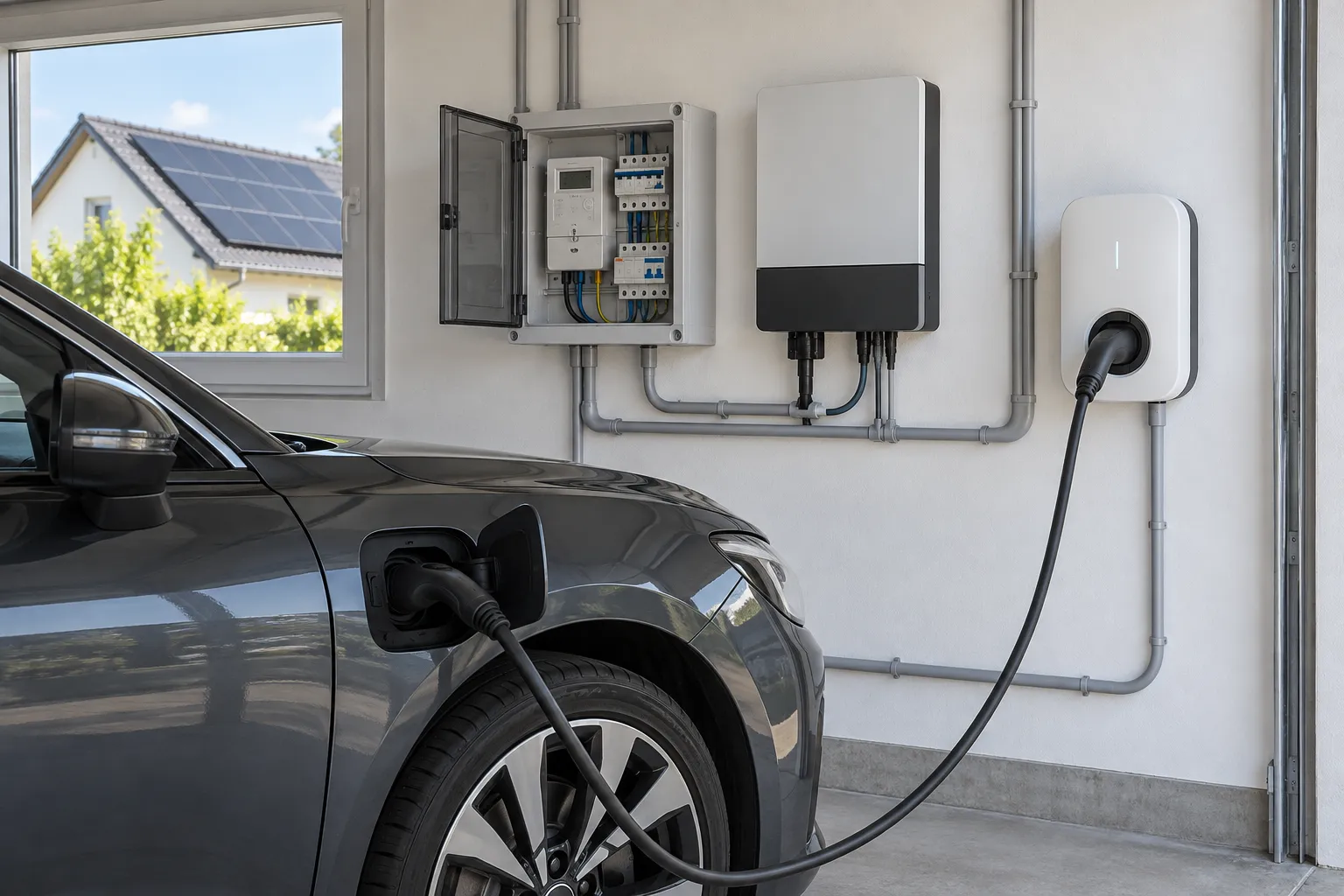 Garage mit Wallbox, Energiezähler in der Unterverteilung und Wechselrichter: die Bausteine für PV-Überschussladen (Symbolbild)