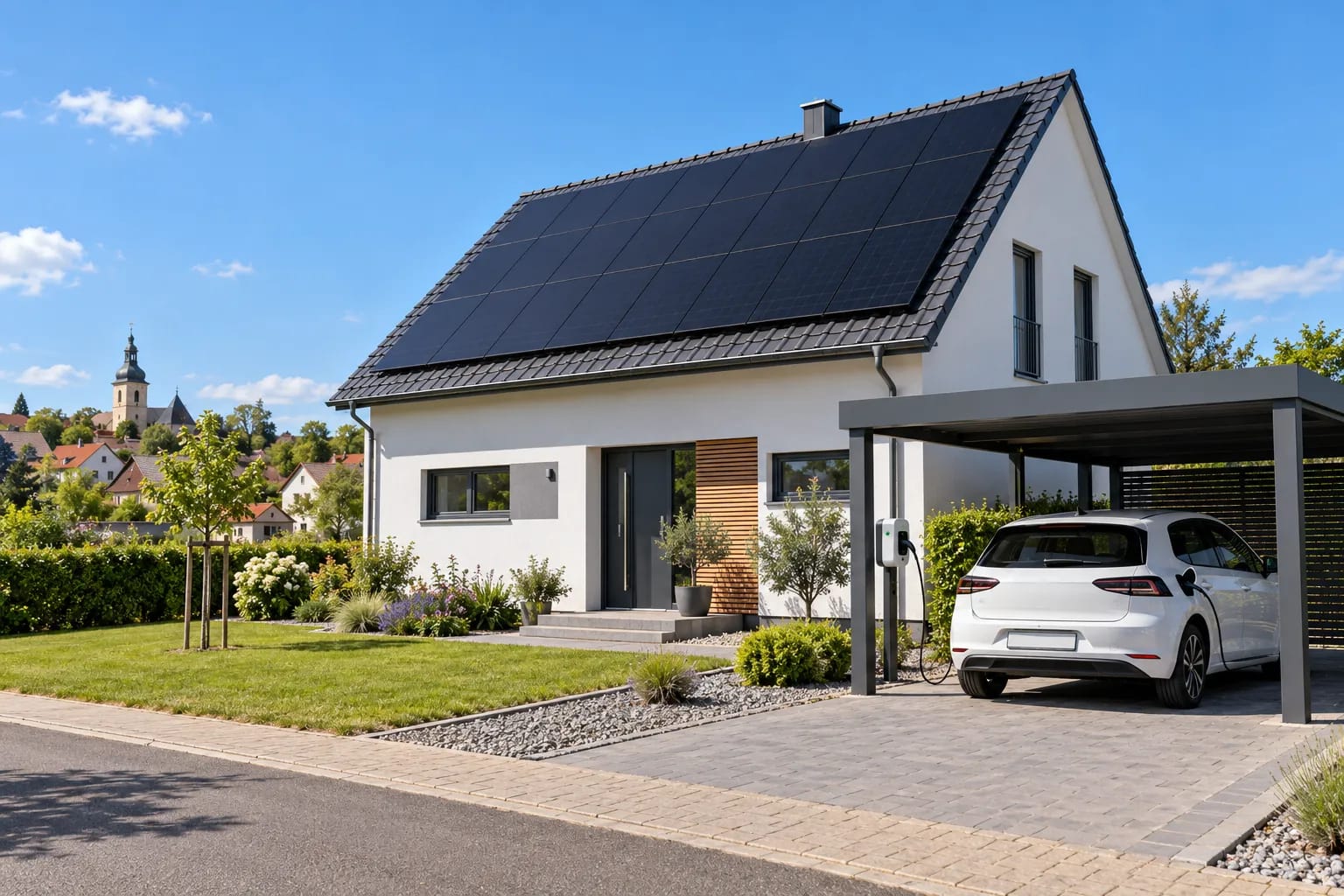 Wallbox mit PV-Überschussladen am Carport: Ein E-Auto lädt mittags, auf dem Dach liegt die Solaranlage (Symbolbild)