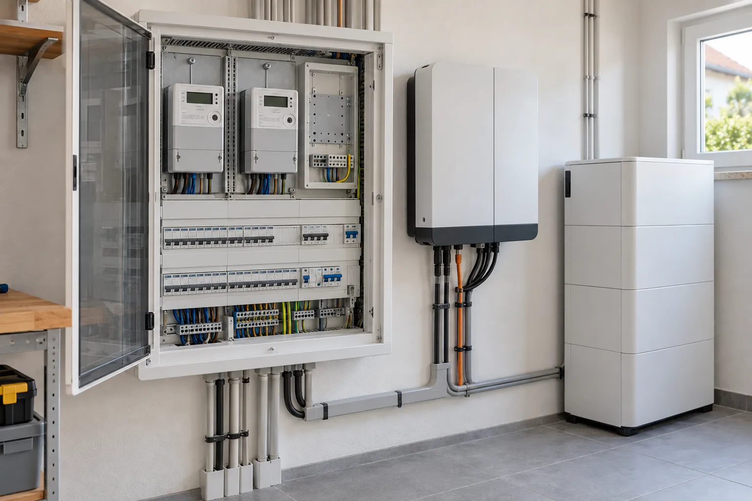 Moderner Zählerschrank für die PV-Anlage mit digitalen Zählern, daneben Wechselrichter und Stromspeicher