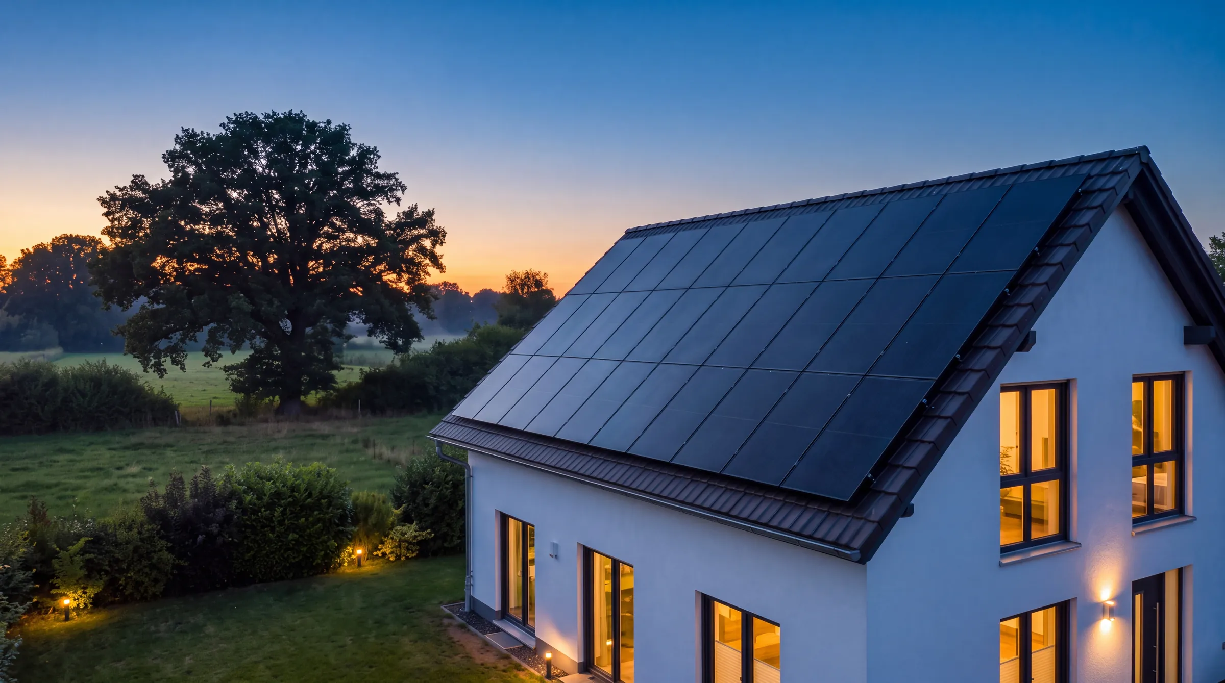 Einfamilienhaus mit Photovoltaikanlage zur blauen Stunde