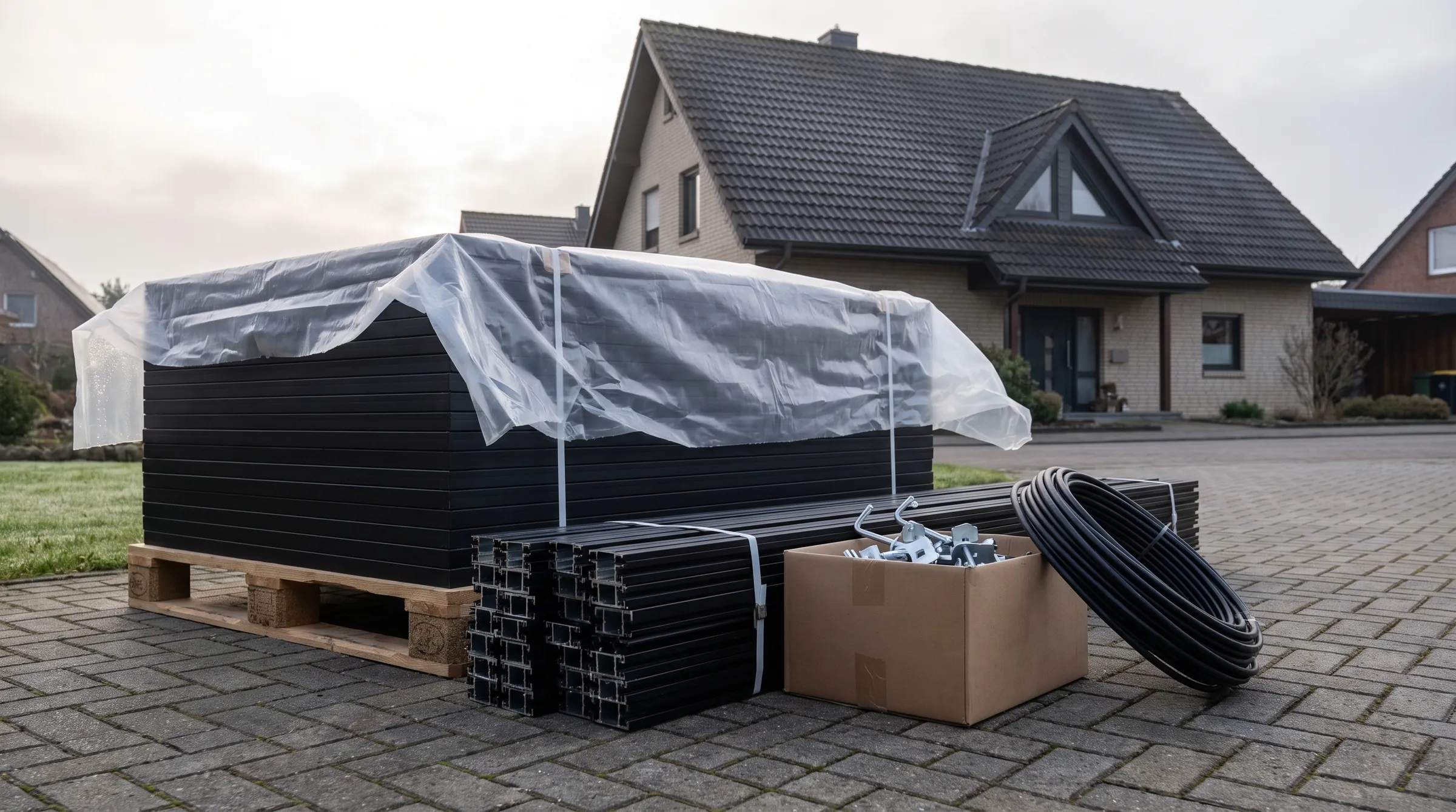 Palette mit Solarmodulen, Montageschienen und Dachhaken vor einem Einfamilienhaus