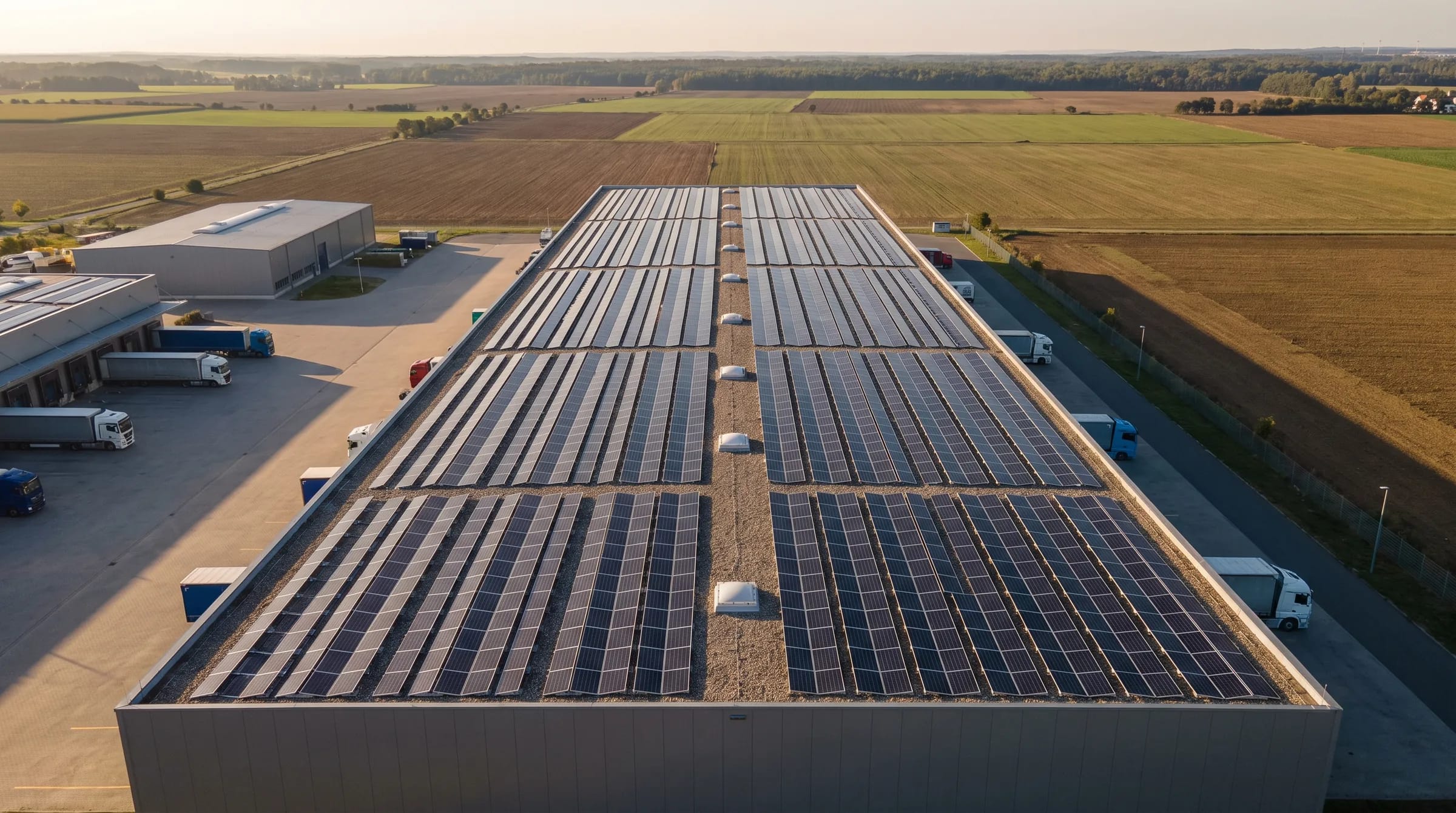 Luftaufnahme einer Gewerbehalle mit Photovoltaik in Ost-West-Aufständerung