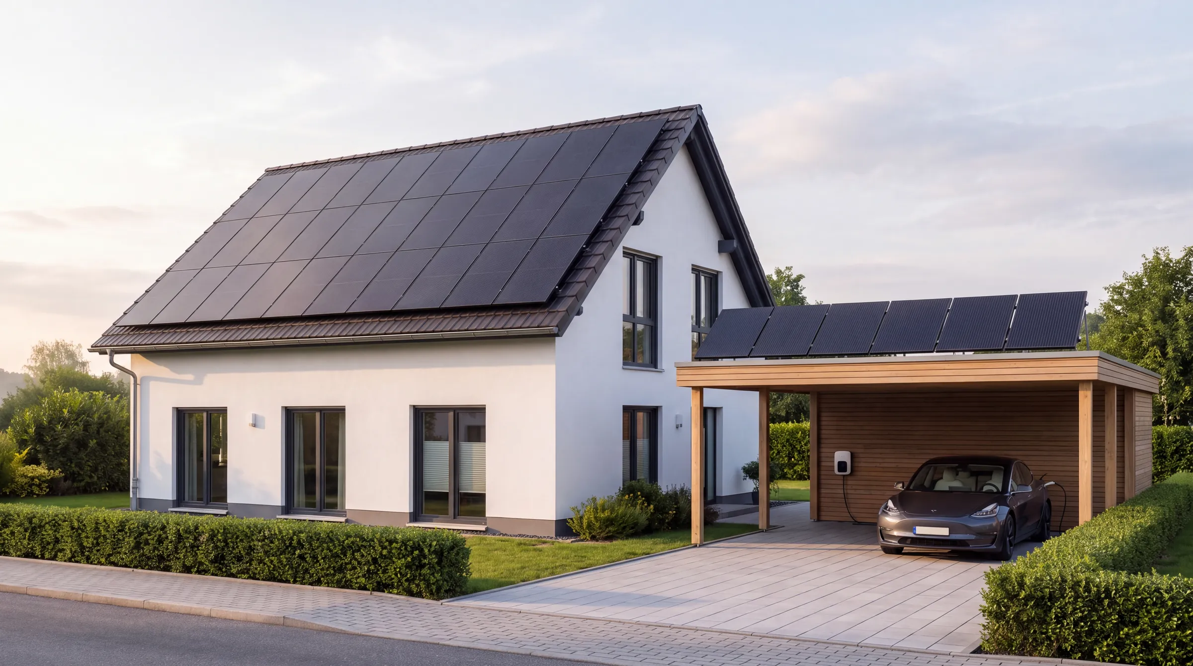 Einfamilienhaus mit Full-Black-Photovoltaikanlage, Carport mit Modulen und Wallbox
