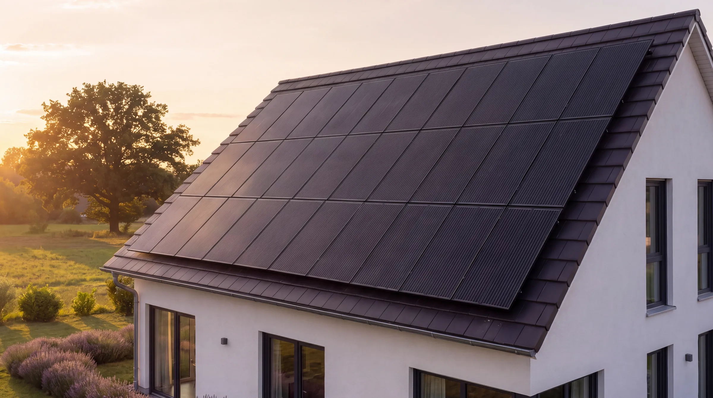 Hochkant montierte Full-Black-Module auf dem Satteldach eines Einfamilienhauses im Abendlicht