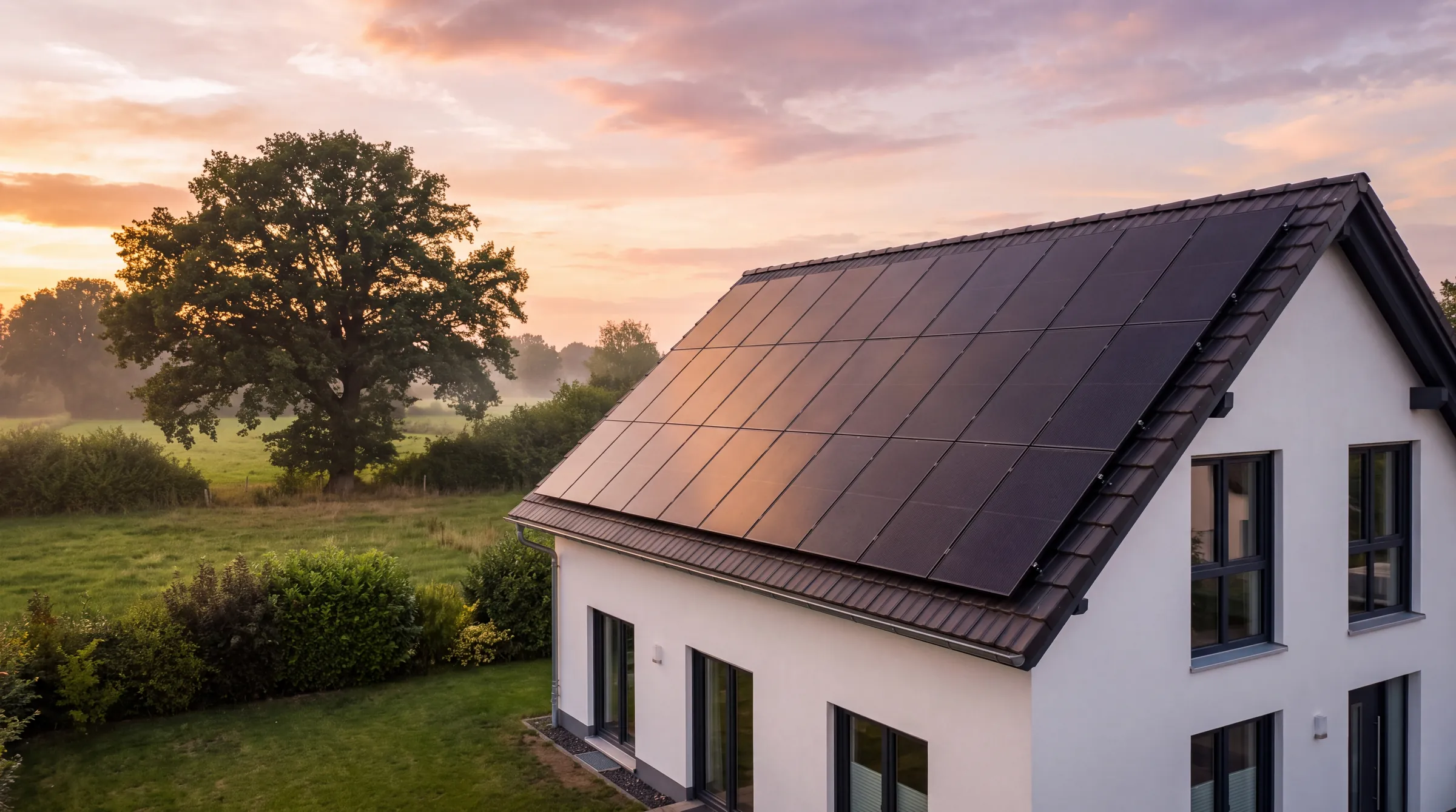 Einfamilienhaus mit Full-Black-Modulen bei Sonnenuntergang