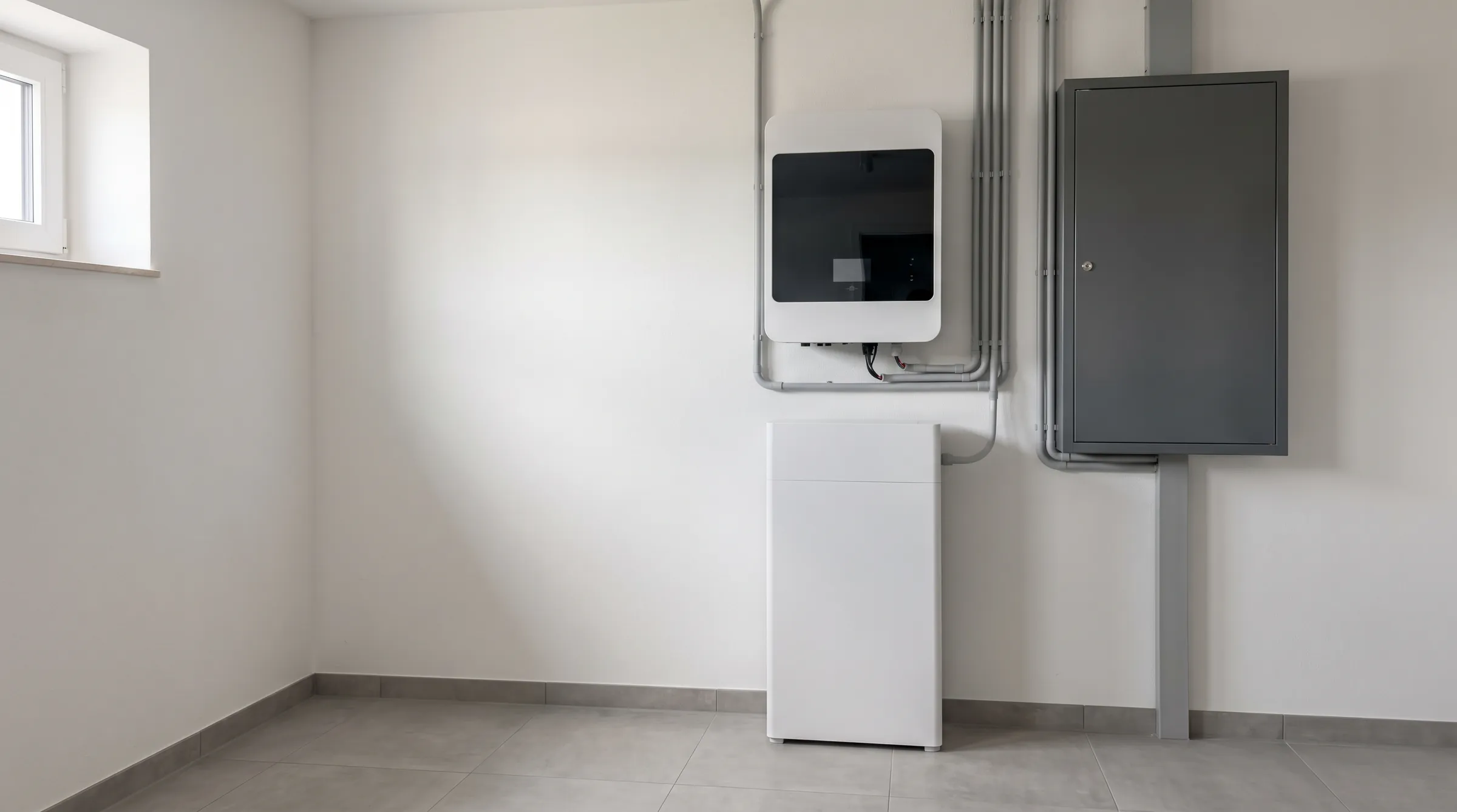 Hauswirtschaftsraum mit Hybrid-Wechselrichter, Stromspeicher und Zählerschrank
