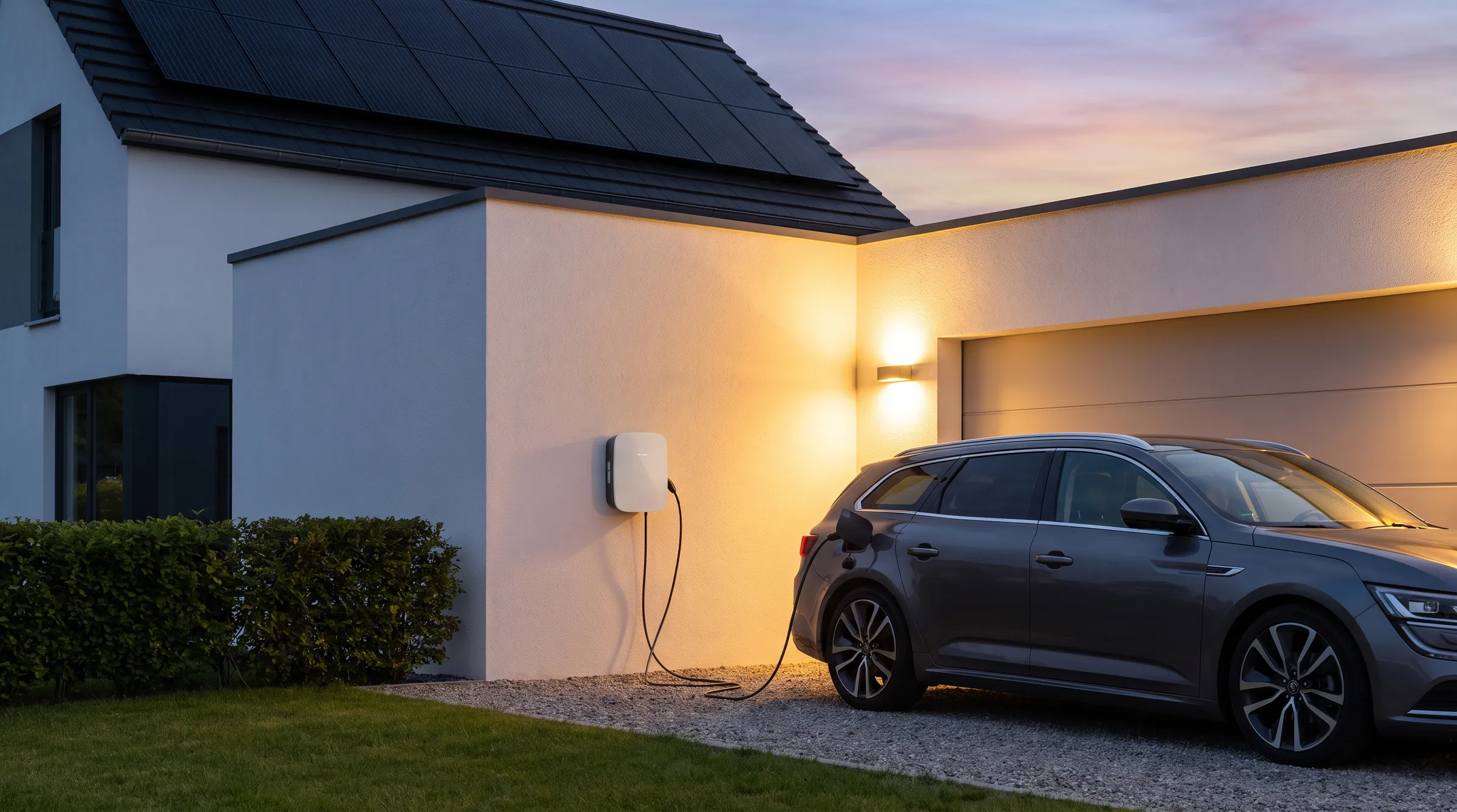 Wallbox an der Hauswand lädt ein Elektroauto in der Einfahrt